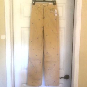 Corduroy pants with blue mushroom pattern